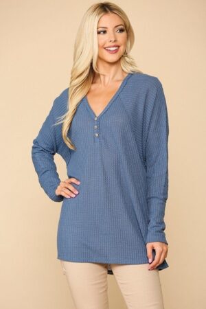 Waffle Knit & Woven Hi-Low Flowy Tunic Top – Denim