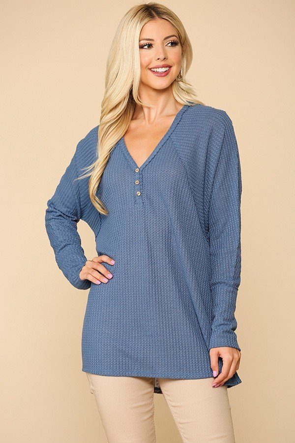 Waffle Knit & Woven Hi-Low Flowy Tunic Top – Denim