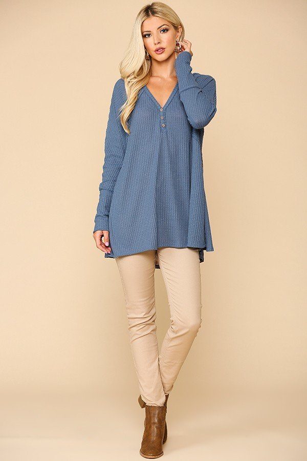 Waffle Knit & Woven Hi-Low Flowy Tunic Top – Denim