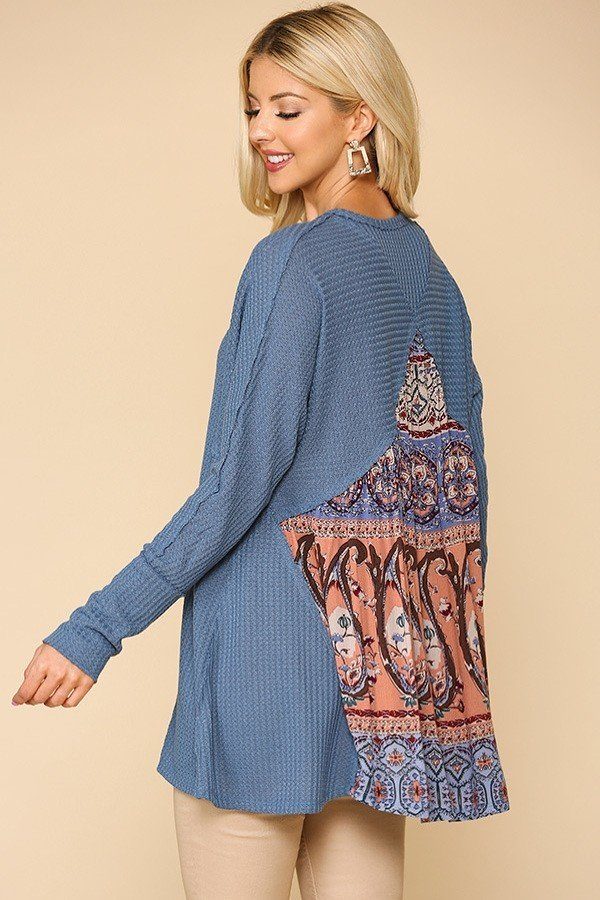 Waffle Knit & Woven Hi-Low Flowy Tunic Top – Denim