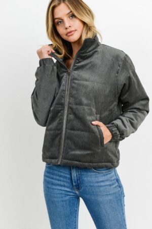 Puffy Long Sleeves Jacket – Corduroy Turtle Neck, Charcoal