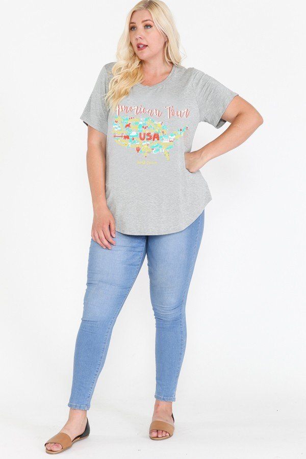 USA Tour Graphic Round-Hem Tee – Plus Size Heather Grey