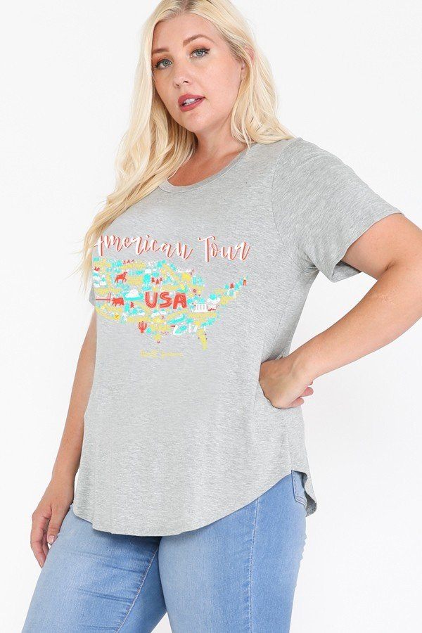 USA Tour Graphic Round-Hem Tee – Plus Size Heather Grey