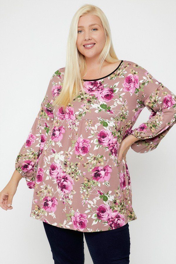 Plus Size Floral Bubble-Sleeve Tunic – Pink Floral