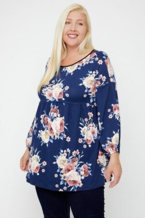 Plus Size Floral Bubble-Sleeve Tunic – Navy