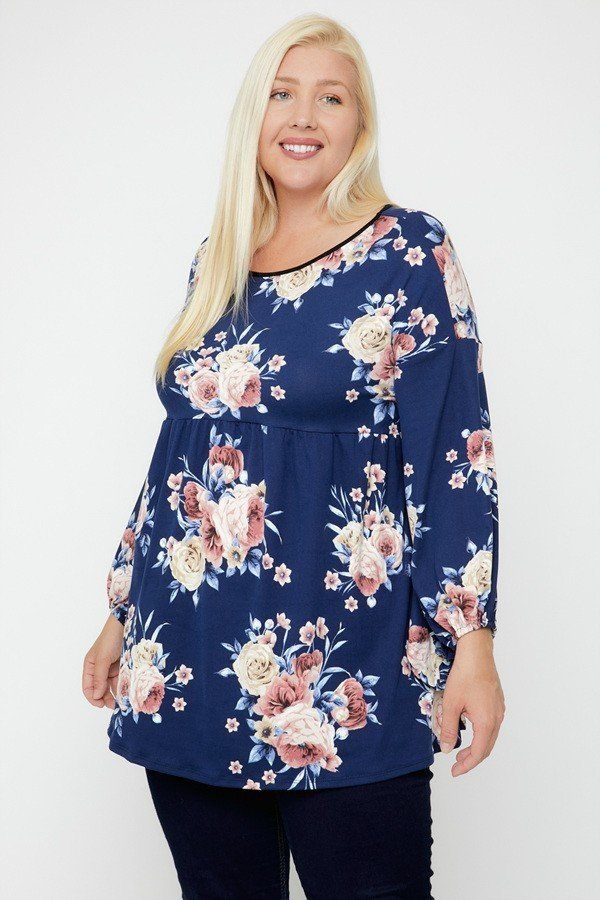 Plus Size Floral Bubble-Sleeve Tunic – Navy