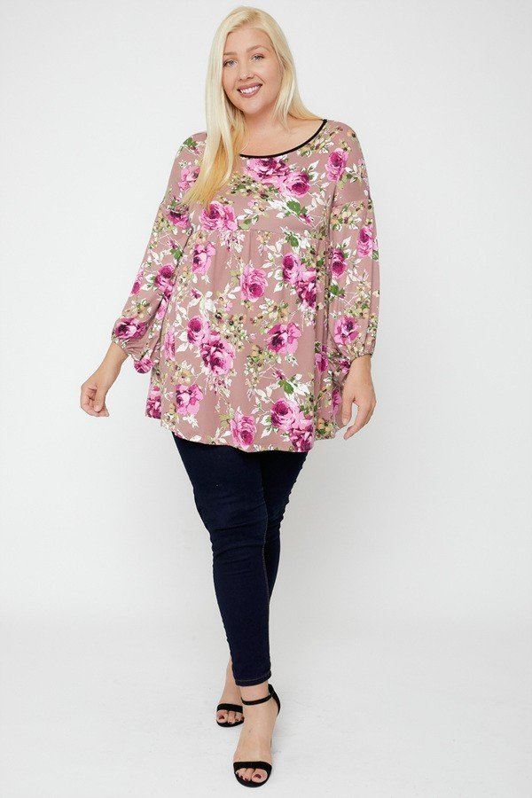 Plus Size Floral Bubble-Sleeve Tunic – Pink Floral