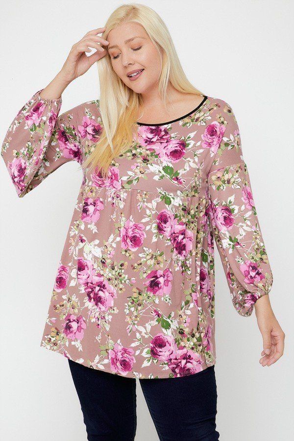 Plus Size Floral Bubble-Sleeve Tunic – Pink Floral