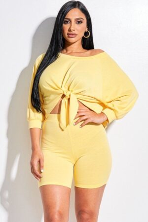French Terry Tie-Front Off-Shoulder Two-Piece Set – Yellow
