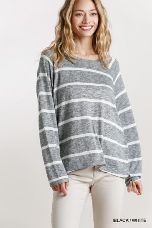 Striped Round Neck Long Sleeve Top in Black & White