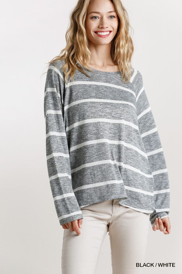 Striped Round Neck Long Sleeve Top in Black & White