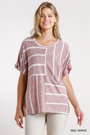 Striped Short Sleeve Top with High-Low Hem – Red/White