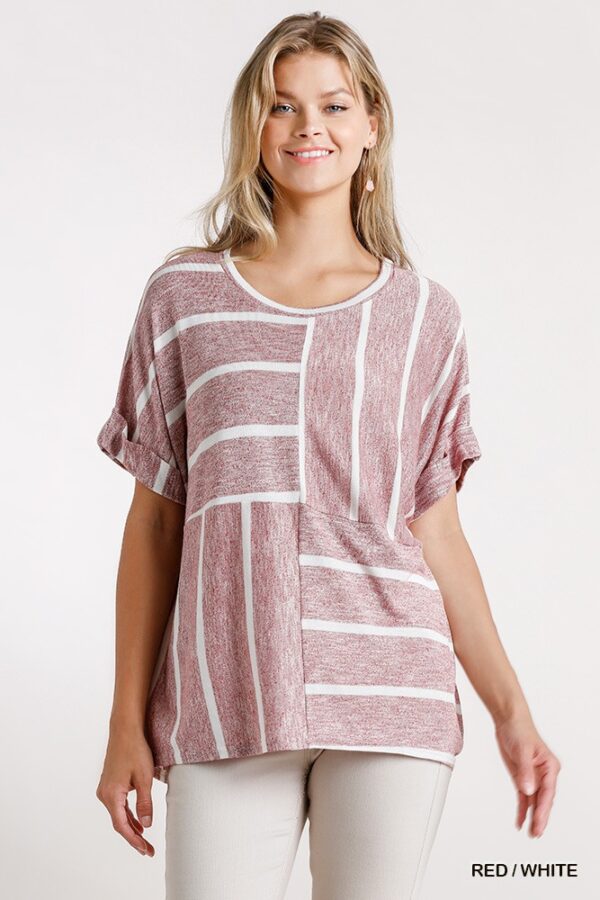 Striped Short Sleeve Top with High-Low Hem – Red/White