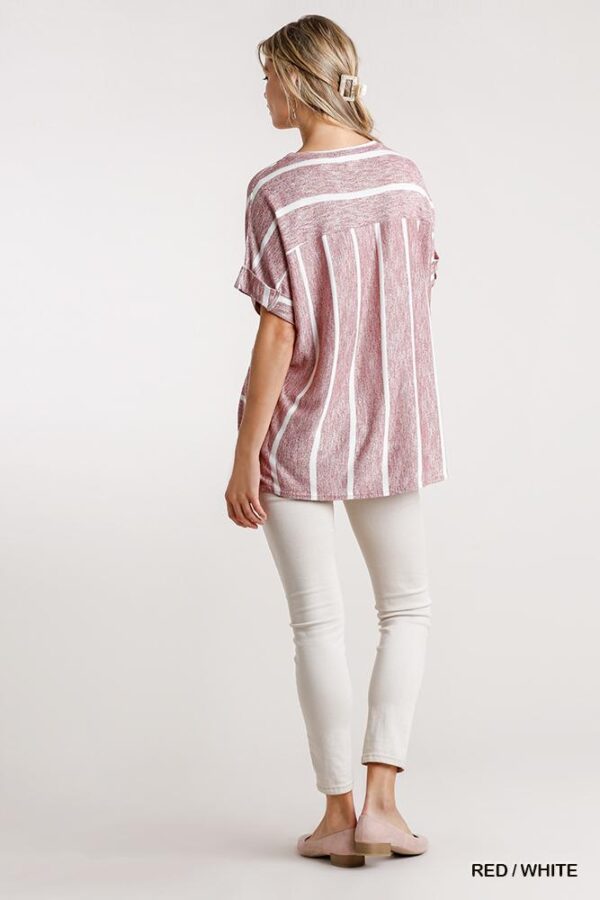 Striped Short Sleeve Top with High-Low Hem – Red/White