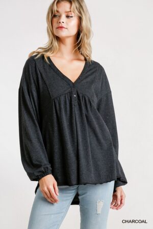 Confetti Babydoll Top with Long Puff Sleeves – Charcoal