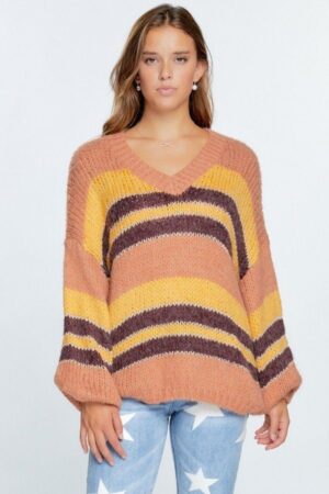 V-Neck Thick Knit Stripe Pullover Sweater – Rust