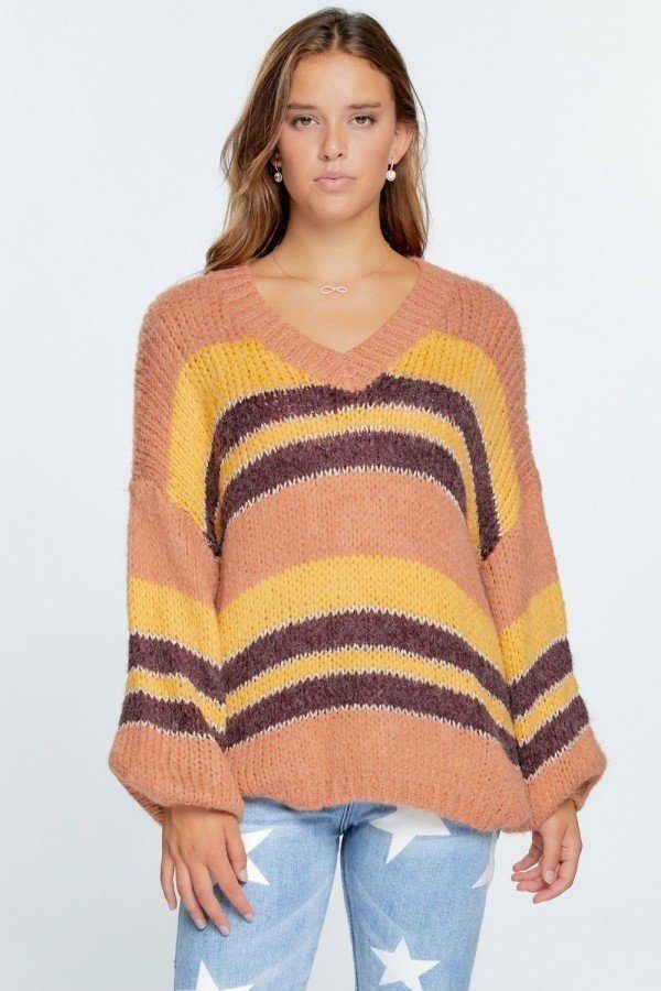 V-Neck Thick Knit Stripe Pullover Sweater – Rust