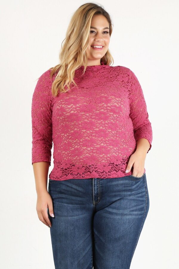 Plus Size Sheer Lace Fitted Top – Rose