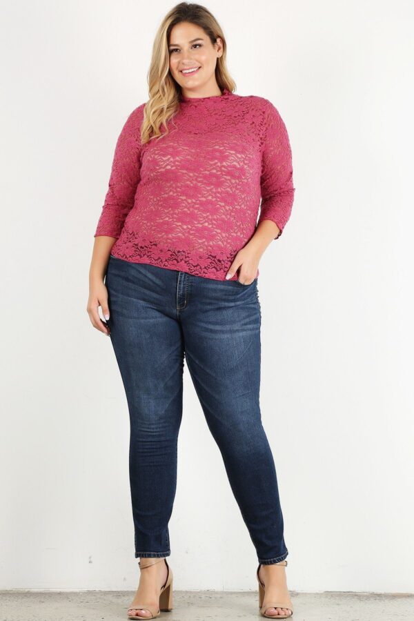 Plus Size Sheer Lace Fitted Top – Rose