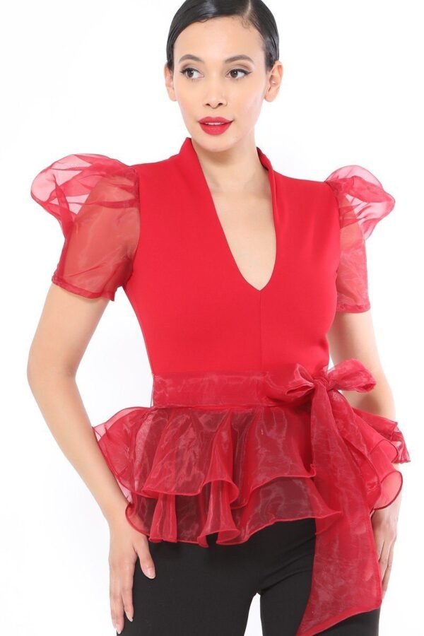 Organza Puff Short Sleeve Top with Ruffle Hem – Red