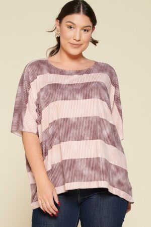 Plus Size Stripe Pleated Blouse with Boat Neck – Mauve