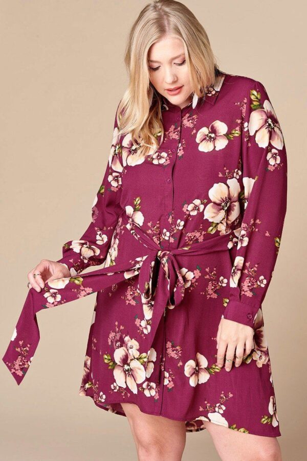 Plus Size Floral Woven Button-Down Shirt Dress