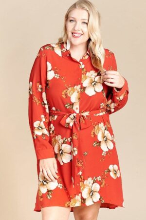 Plus Size Floral Woven Shirt Dress – Rust