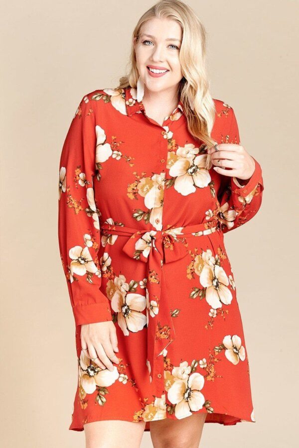 Plus Size Floral Woven Shirt Dress – Rust