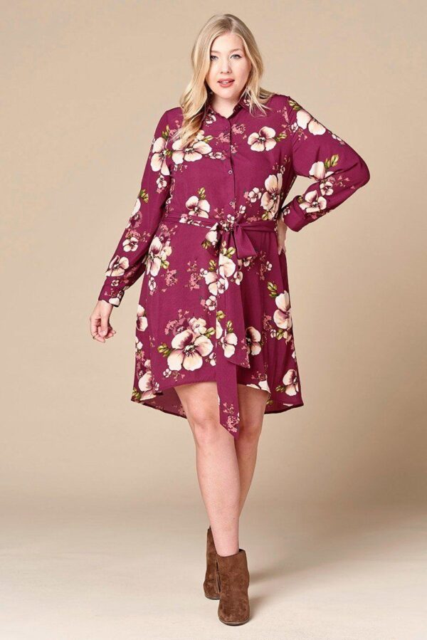 Plus Size Floral Woven Button-Down Shirt Dress