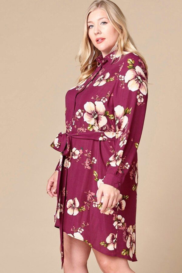 Plus Size Floral Woven Button-Down Shirt Dress