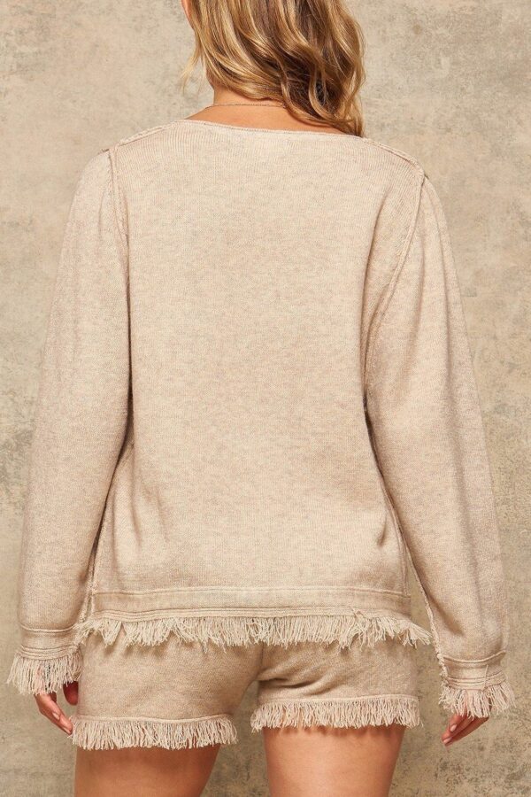 Loose V-Neck Fringe Knit Sweater – Taupe