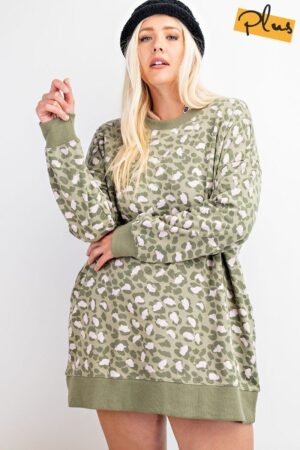 Plus Size Leopard Terry Knit Mini Dress – Faded Sage