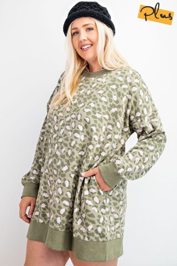 Plus Size Leopard Terry Knit Mini Dress – Faded Sage
