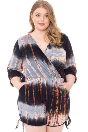 Tie Dye Wrap Romper – Plus Size, Black/Rust