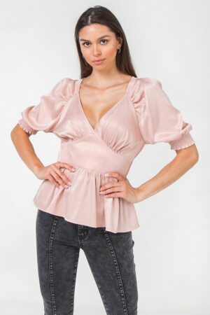 Solid Sateen Peplum Top with V-Neck – Blush