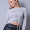 Long Sleeve Round Neck Top with Side Ruching – Heather Grey