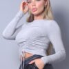 Long Sleeve Round Neck Top with Side Ruching – Heather Grey