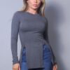 Long Sleeve Slitted Top – Charcoal, Made in USA