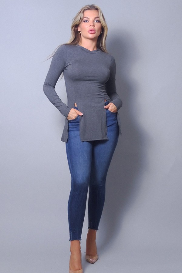 Long Sleeve Slitted Top – Charcoal, Made in USA