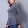 Long Sleeve Slitted Top – Charcoal, Made in USA