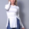 Slitted Long Sleeve Top – Ivory Rayon-Spandex