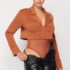 Deep-V Cropped Power-Shoulder Blazer Bodysuit – Camel