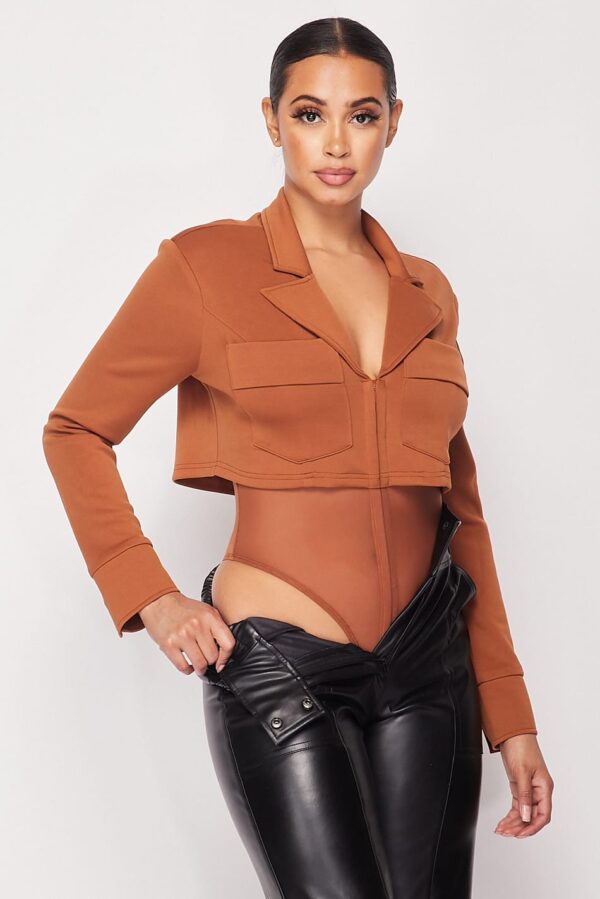 Deep-V Cropped Power-Shoulder Blazer Bodysuit – Camel