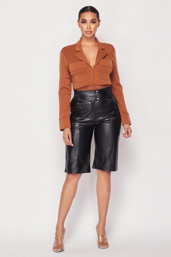 Deep-V Cropped Power-Shoulder Blazer Bodysuit – Camel