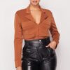 Deep-V Cropped Power-Shoulder Blazer Bodysuit – Camel