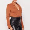 Deep-V Cropped Power-Shoulder Blazer Bodysuit – Camel