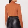 Deep-V Cropped Power-Shoulder Blazer Bodysuit – Camel