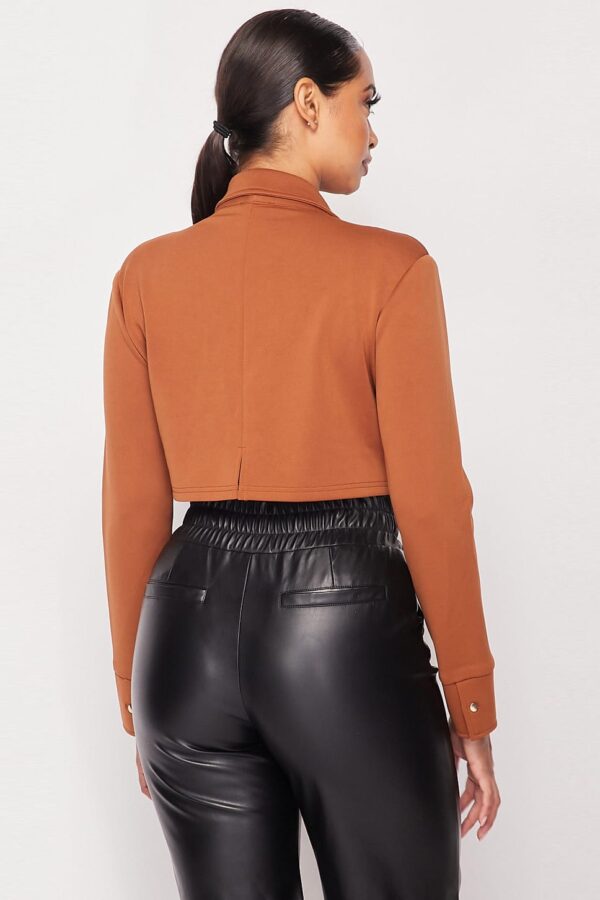 Deep-V Cropped Power-Shoulder Blazer Bodysuit – Camel