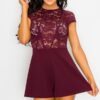 Floral Sheer Lace Combo Romper – Plum Lace Detail