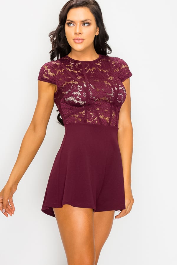 Floral Sheer Lace Combo Romper – Plum Lace Detail